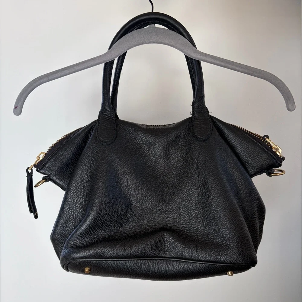Roots Black Pebbled Leather Satchel with Brass/Gold Hardware - Picture 2 of 15